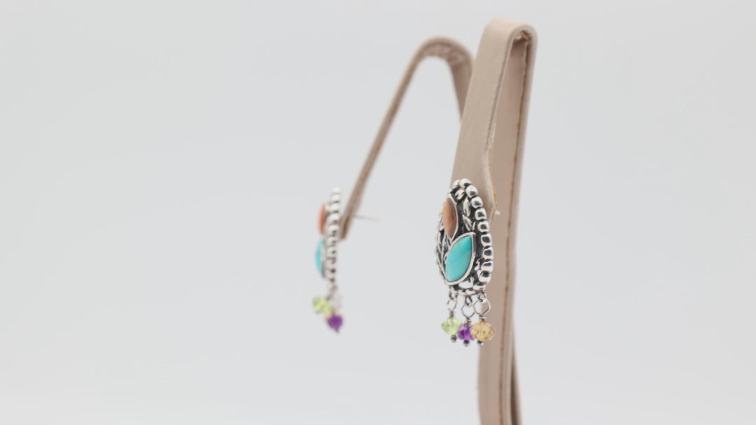 925 Sterling Silver Turquoise Coral Native Design Dangle Earrings with Amethyst Prasiolite and Citrine Beads