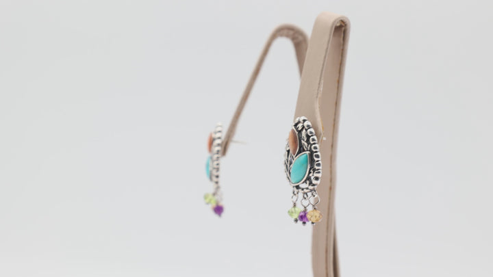 925 Sterling Silver Turquoise Coral Native Design Dangle Earrings with Amethyst Prasiolite and Citrine Beads