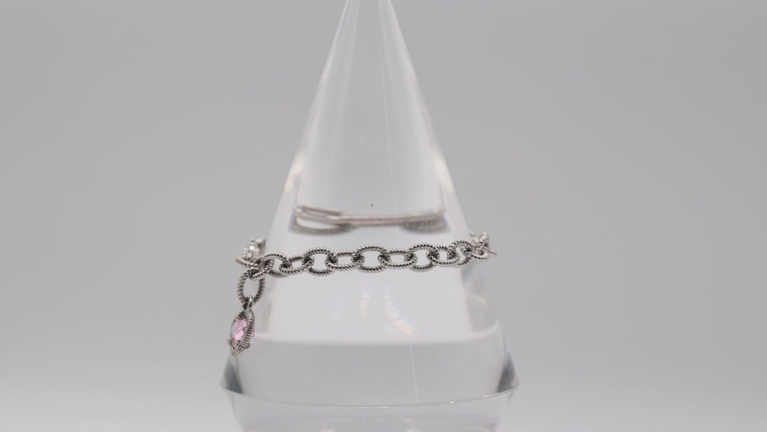 Judith Ripka Sterling Silver 925 CZ Pink Heart Link Chain Bracelet