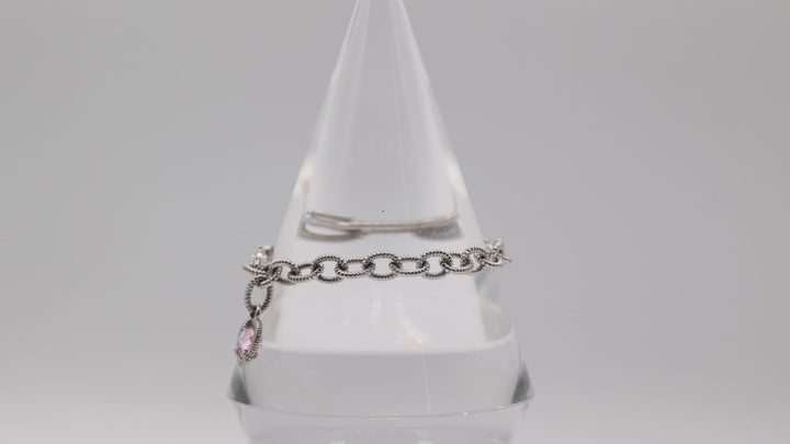 Judith Ripka Sterling Silver 925 CZ Pink Heart Link Chain Bracelet