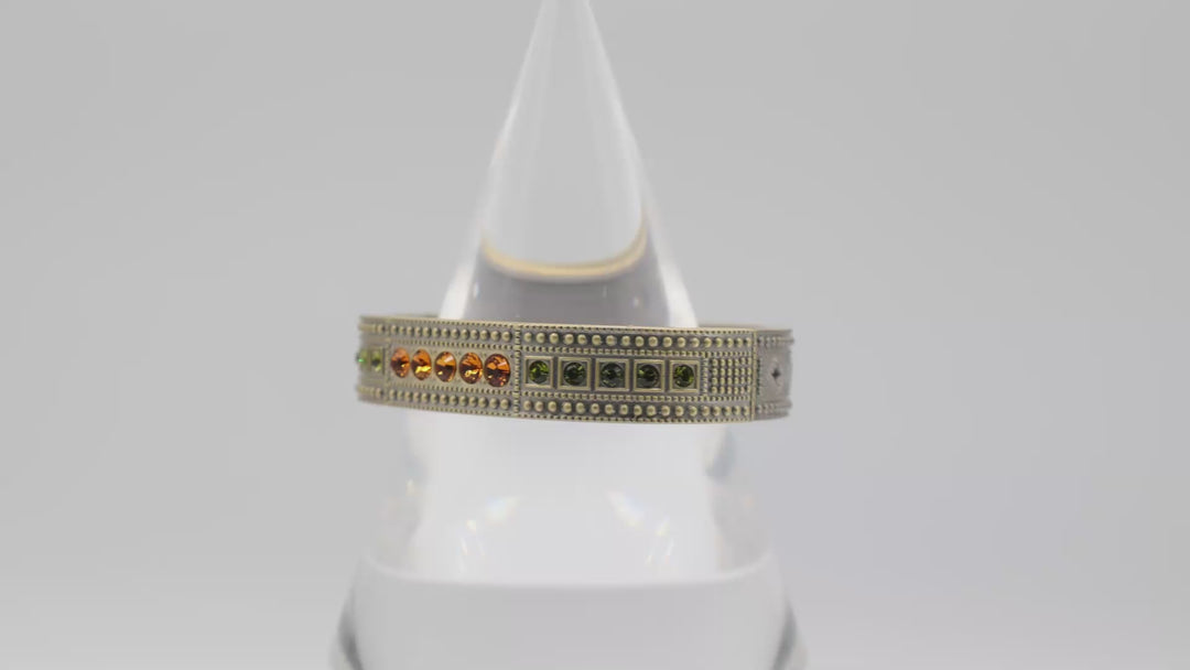 Costume Brass Orange and Green Stone Hinged Bangle Bracelet