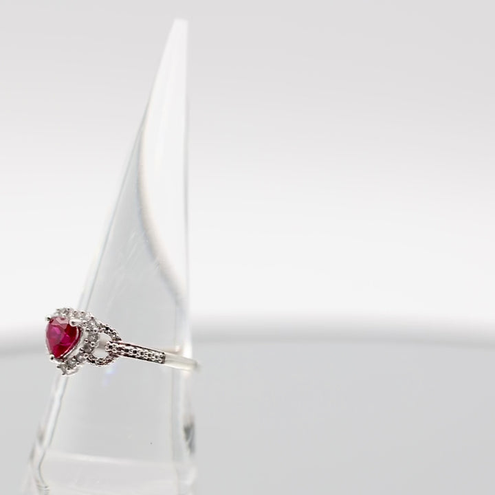 925 Sterling Silver Red Glass Stone and CZ Heart Ring - Size 8.5