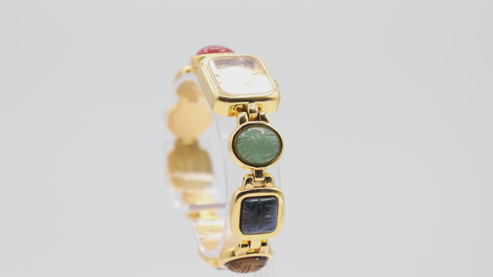 Kenneth Jay Lane KJL Women's Egyptian Scarab Multicolored Beetle Gemstones Gold Tone Watch
