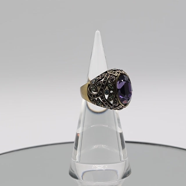 Brass Heidi Daus Purple Rhinestone with Green and Blue Accent Stones Ring - Size 9.5