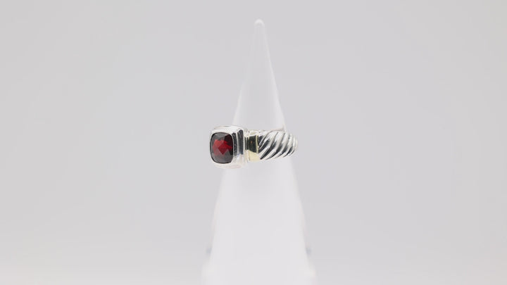 David Yurman Square Garnet Silver Gold Cable Band Ring Size 6.5