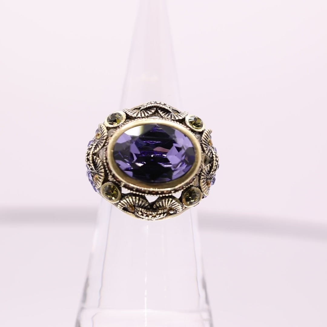 Heidi Daus Rhinestone Purple Dame Brass Ring - Size 6.5