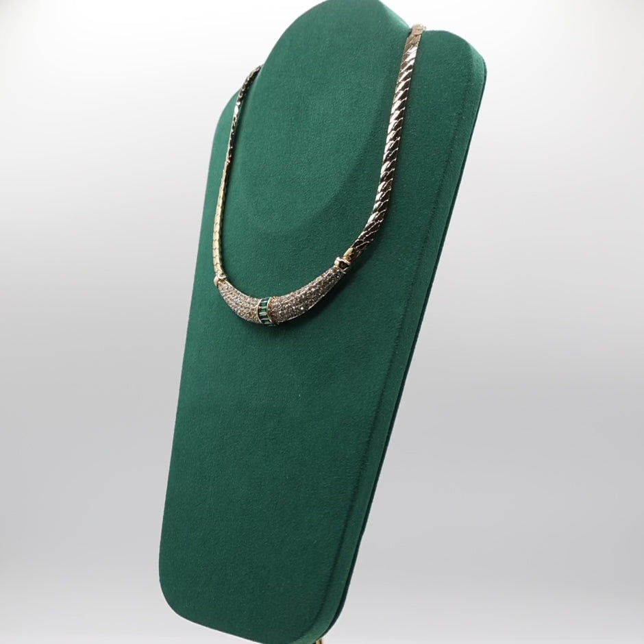 Gold Plated Christian Dior Emerald Green Baguette and Crystal Pave Choker Necklace - 7 Inches