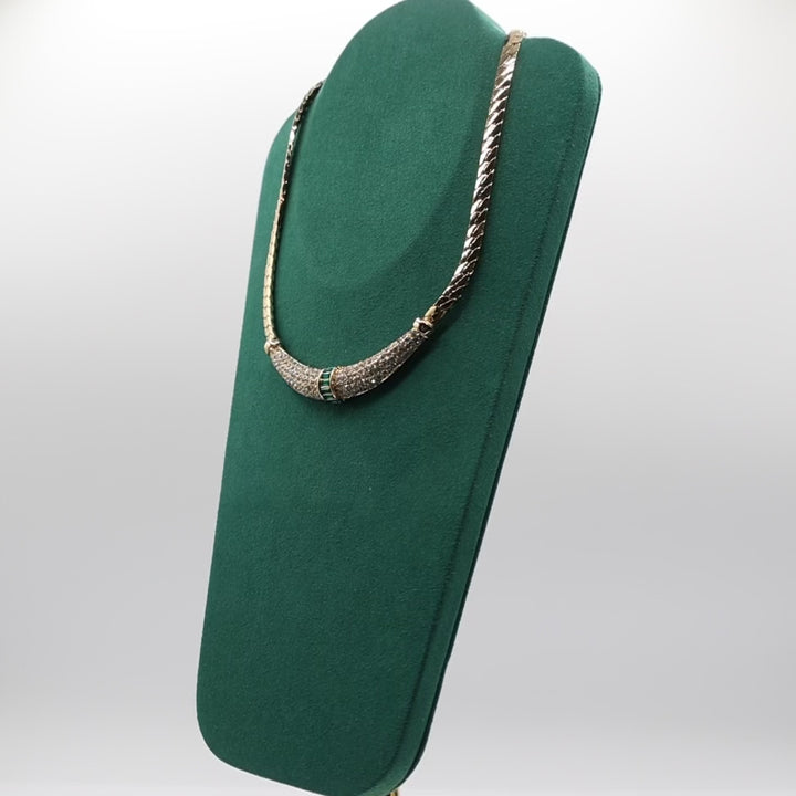 Gold Plated Christian Dior Emerald Green Baguette and Crystal Pave Choker Necklace - 7 Inches