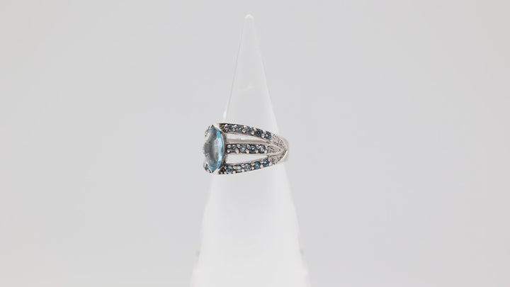 925 Sterling Silver Marquise Blue Topaz Stone Triple Band Accents Ring Size 9