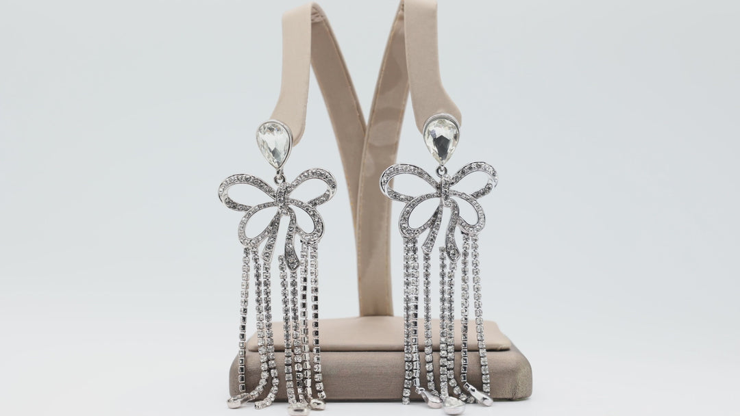 Costume Silver Plated Bow Rhinestone Dangle Earrings