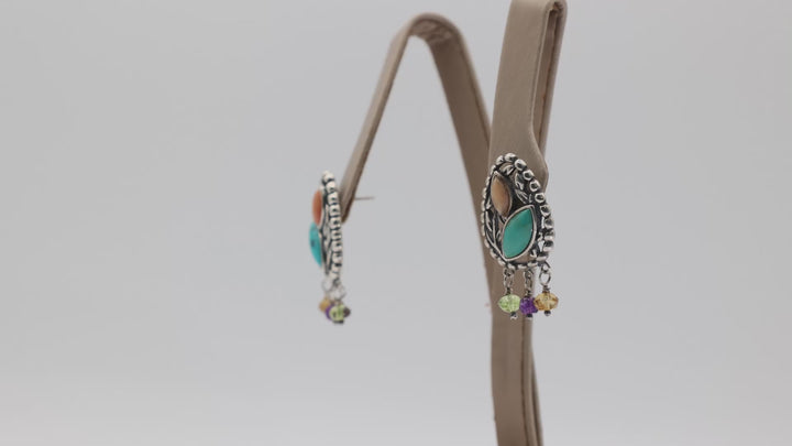 925 Sterling Silver Southwest Style Turquoise & Coral Dangle Earrings