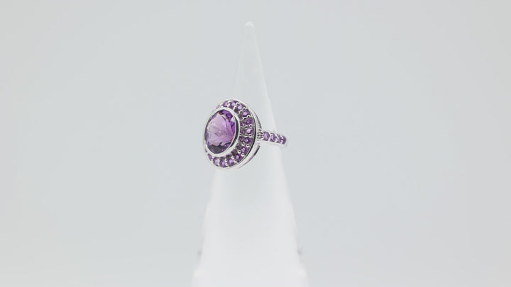 925 Sterling Silver Oval Amethyst Stone Ring with Amethyst Halo Size 6