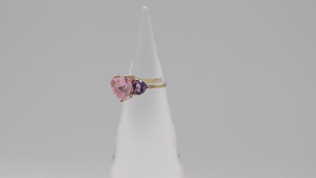 14K Yellow Gold Pink Heart Cut Crystal Amethyst Accent Ring Size 6.5