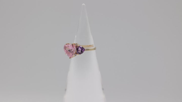 14K Yellow Gold Pink Heart Cut Crystal Amethyst Accent Ring Size 6.5