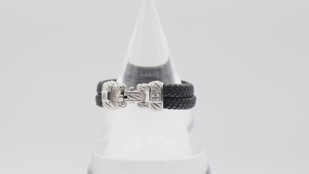 Judith Ripka Black Braided Leather with 925 Sterling Silver Buckle Bracelet- 7 inches