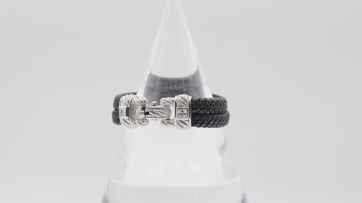 Judith Ripka Black Braided Leather with 925 Sterling Silver Buckle Bracelet- 7 inches