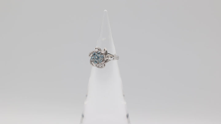 14k White Gold Three Band Flower & Aqua Stones Ring Size 7.25
