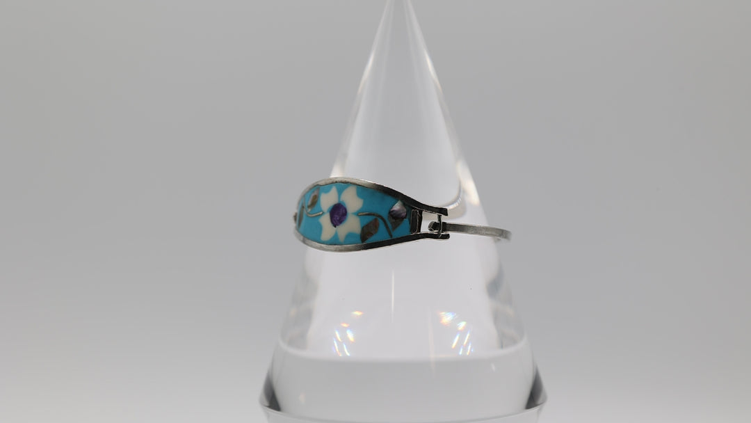 925 Sterling Silver Mexican Alpaca with Abalone Inlay and Mother of Pearl Hinged Bracelet