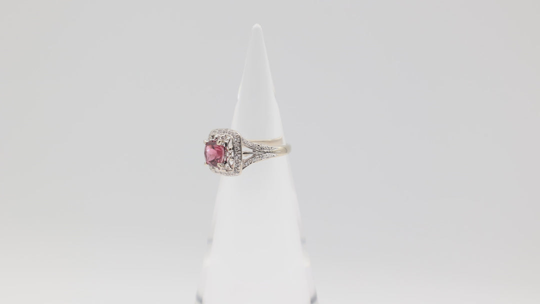 14k White Gold Ring with Pink Tourmaline and Cut Cube Zirconium - Size 6.75