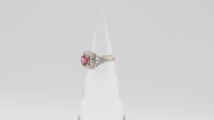 14k White Gold Ring with Pink Tourmaline and Cut Cube Zirconium - Size 6.75
