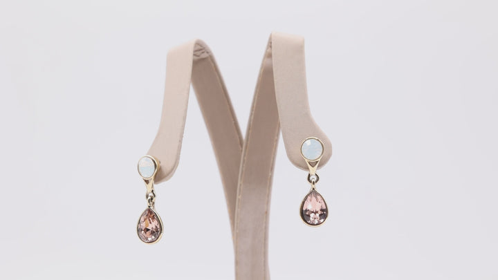 Swarovski Yellow Gold Tone Pink Crystal Teardrop and White Foggy Crystal with Dangle Earrings