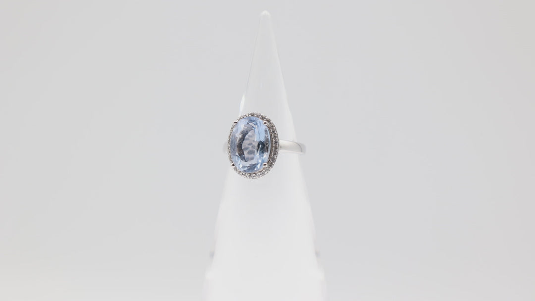 925 Sterling Silver Band Ring with Oval 14x10mm Blue Spinel Stone and White Spinel Halo Size 7.75