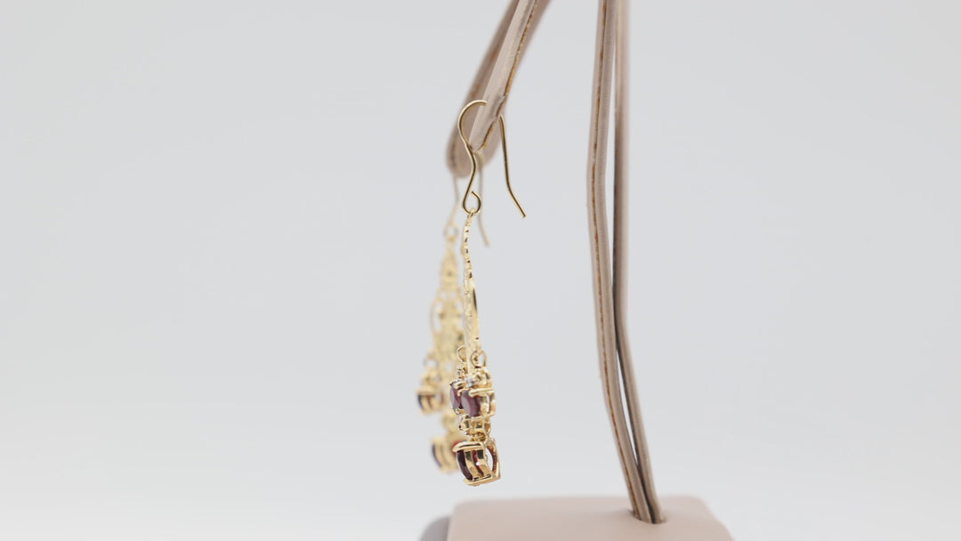 925 Sterling Silver Gold Plated Filigree Heart Earrings with Triple Garnet Dangle Hooks