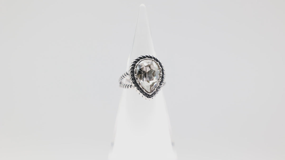 925 Silver Teardrop White Crystal 13mm x 10mm Braid Design Band Ring Size 7