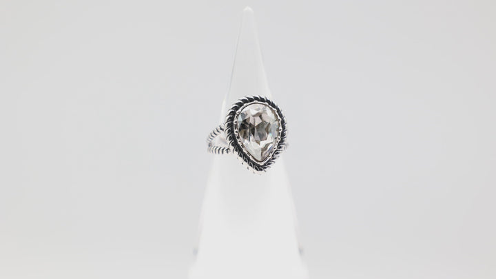 925 Silver Teardrop White Crystal 13mm x 10mm Braid Design Band Ring Size 7