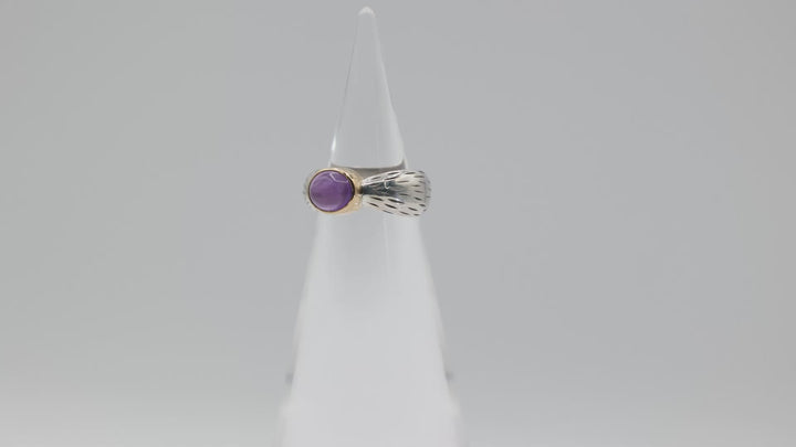 Sterling Silver Amethyst Cabochon Ring 9x7mm With 18K Gold Accents Size 5.5