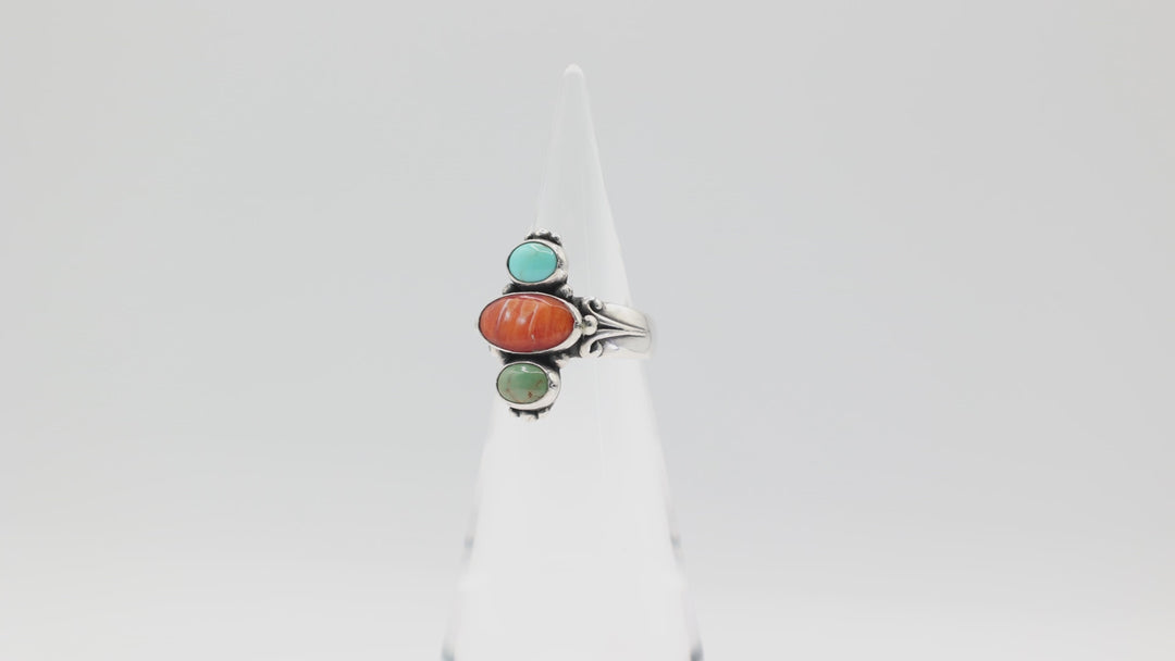 925 Sterling Silver Navajo Turquoise Coral Jade Ring Size 8