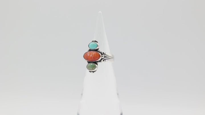 925 Sterling Silver Navajo Turquoise Coral Jade Ring Size 8