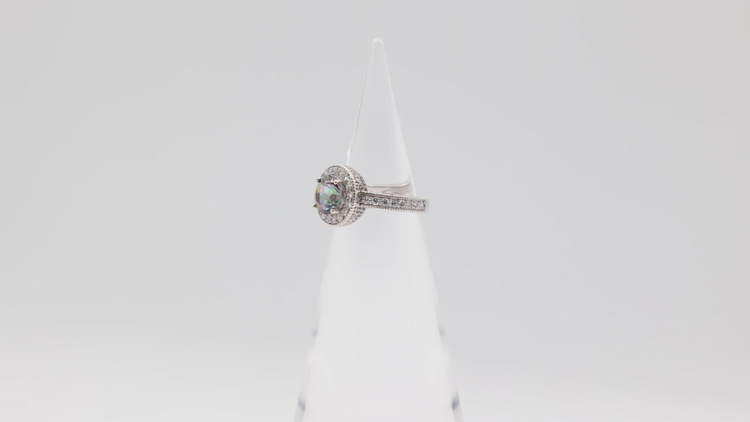 925 Sterling Silver CZ Halo and 8mm Round Mystic Quartz Ring Size 7.5
