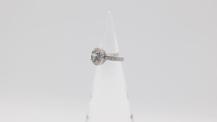 925 Sterling Silver CZ Halo and 8mm Round Mystic Quartz Ring Size 7.5