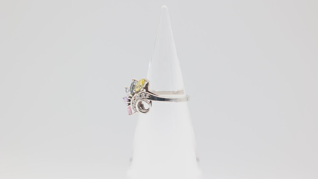 925 Sterling Silver Five Marquis Cut CZ Cocktail Ring in Yellow Blue White Pink and Purple Swirl Size 8.75