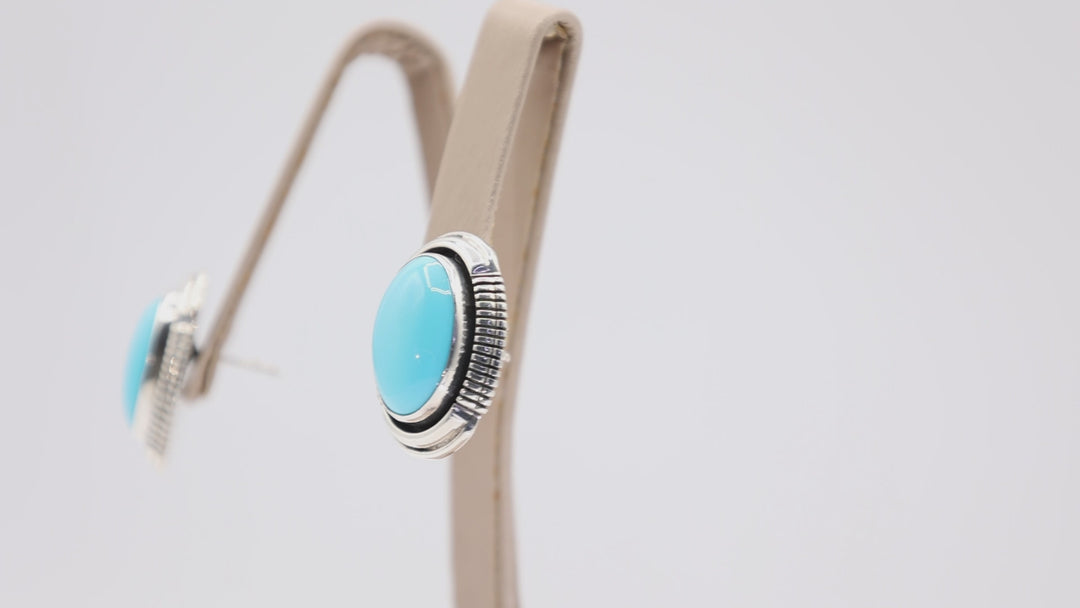 925 Sterling Silver Signed L. Yazzie Navajo Turquoise Oval Earrings