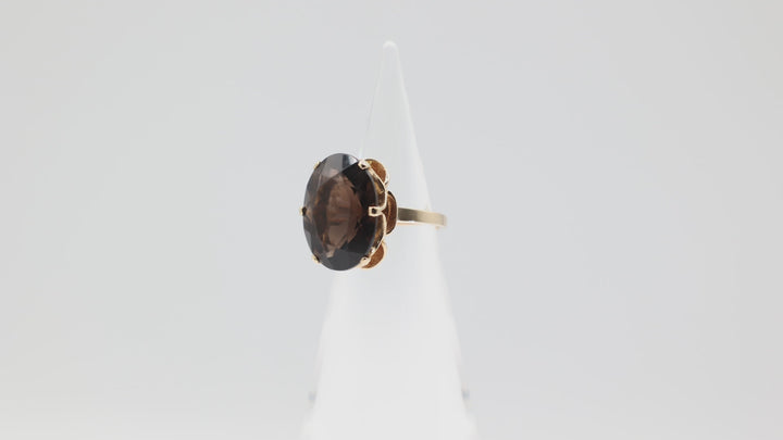 14k Yellow Gold Band Ring with 20mm x 15mm Oval Smokey Quartz Stone Size 6