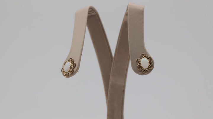 14K Yellow Gold Filigree Opal Stud Earrings With Vintage Charm