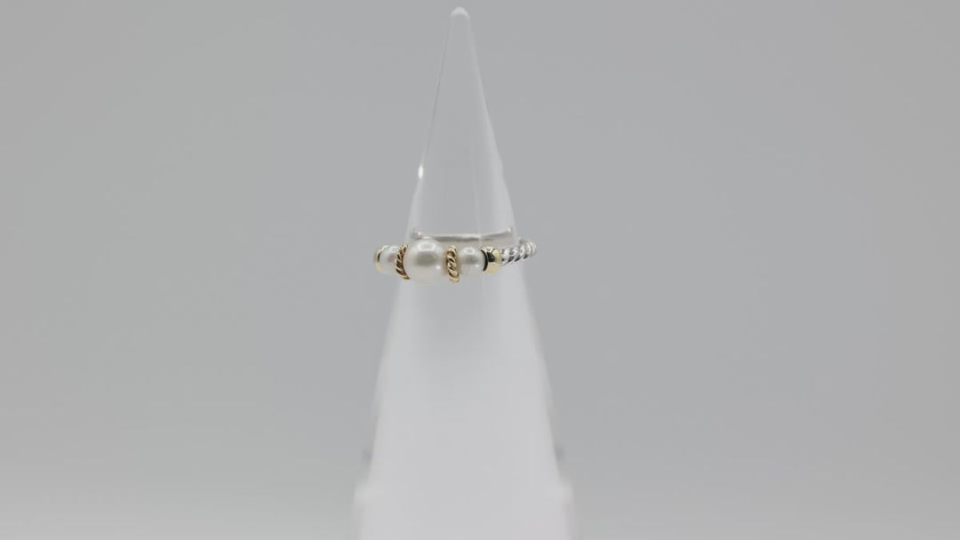 David Yurman 925 Sterling Silver With 18k Yellow Gold Cable Pearl Ring Size 7