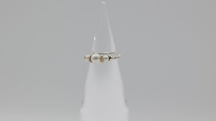 David Yurman 925 Sterling Silver With 18k Yellow Gold Cable Pearl Ring Size 7