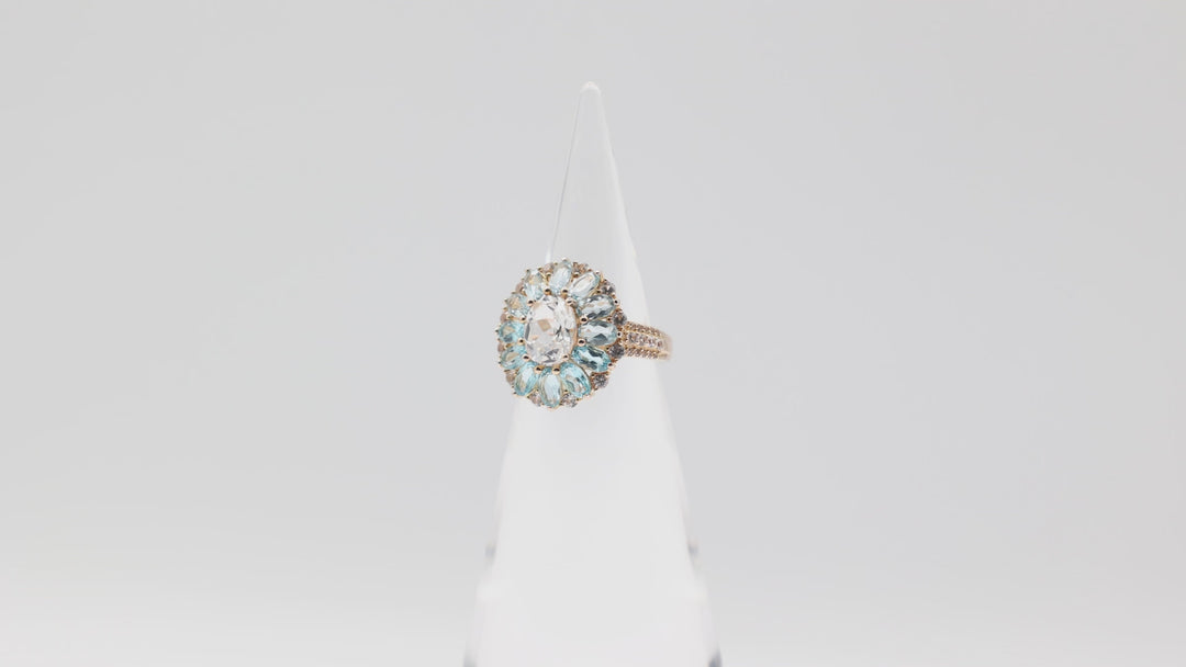 925 Yellow Gold Toned Marquise Blue Topaz Flower Petals with White Topaz Oval Stone and Accents Ring - Size 7