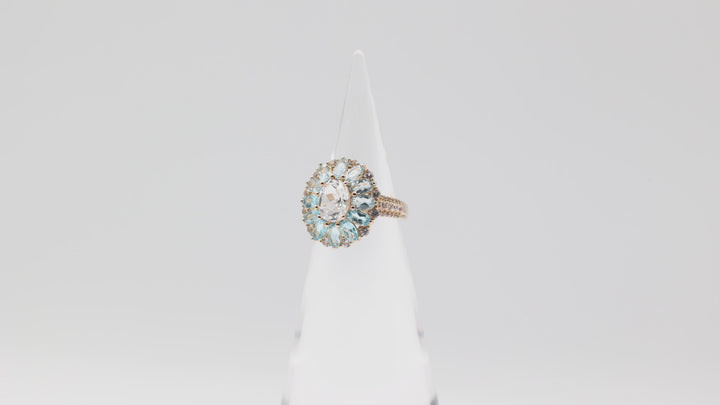 925 Yellow Gold Toned Marquise Blue Topaz Flower Petals with White Topaz Oval Stone and Accents Ring - Size 7