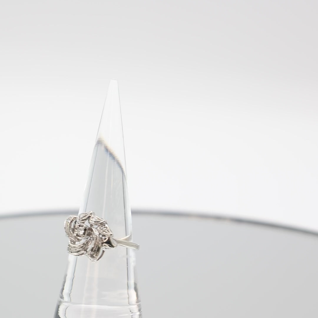 14k White Gold Asymmetrical Floral Diamond Ring - Size 7.5