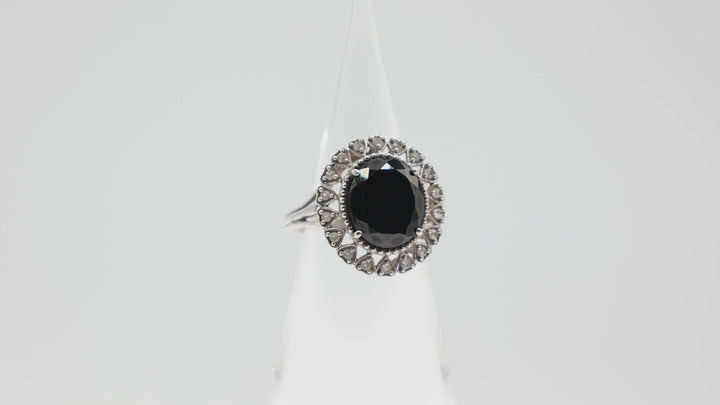 925 Sterling Silver Heart White Spinel Halo Ring with 14x12mm Oval Black Onyx Stone Size 9