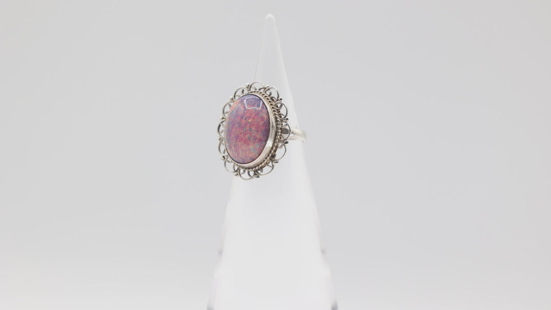 925 Sterling Silver Colorful Opal Filigree Ring Size 6.25