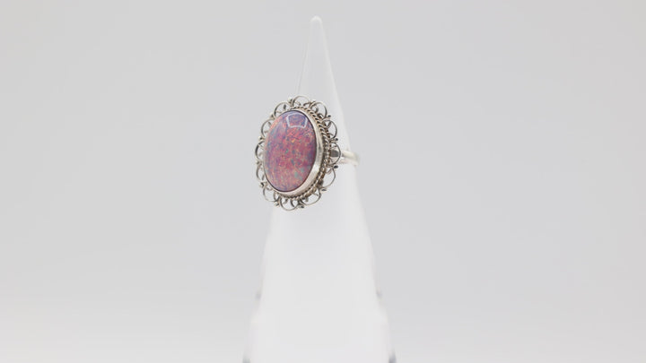 925 Sterling Silver Colorful Opal Filigree Ring Size 6.25