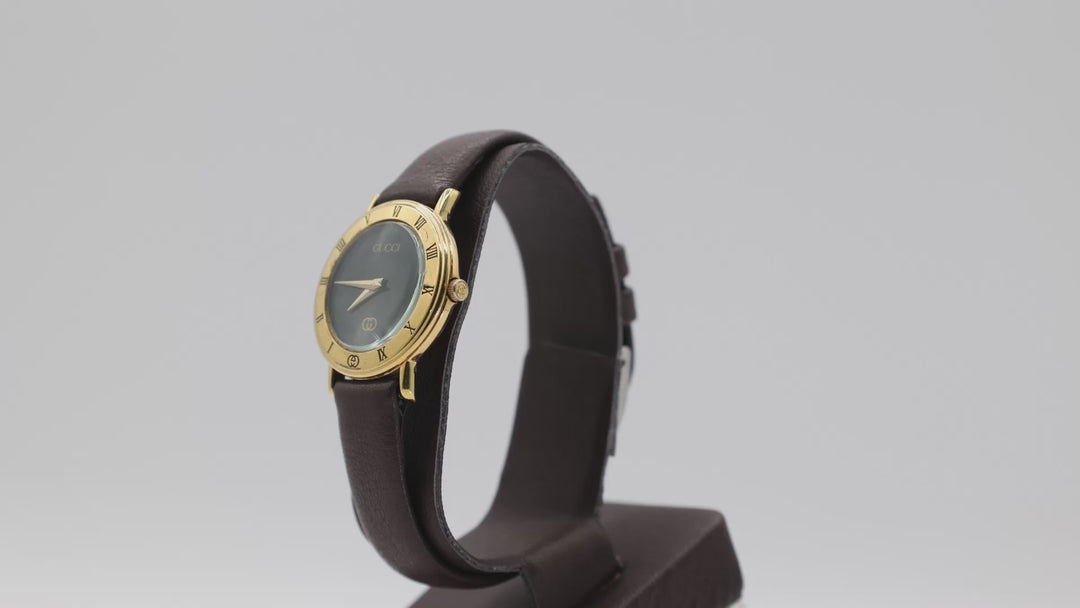 Gucci Gold Plated Black Dial and Brown Leather Band Watch