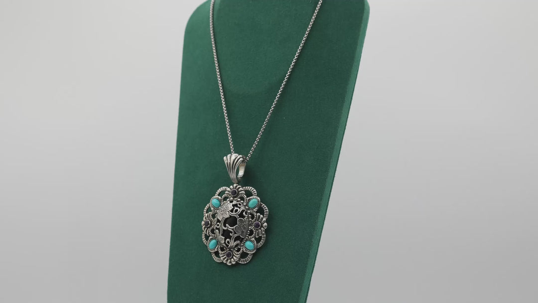 925 Sterling Silver Amethyst, Turquoise, & Onyx Flower Pendant Necklace
