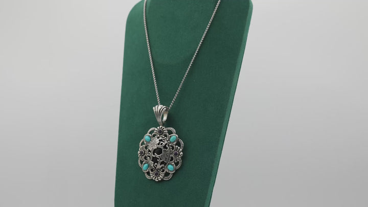 925 Sterling Silver Amethyst, Turquoise, & Onyx Flower Pendant Necklace