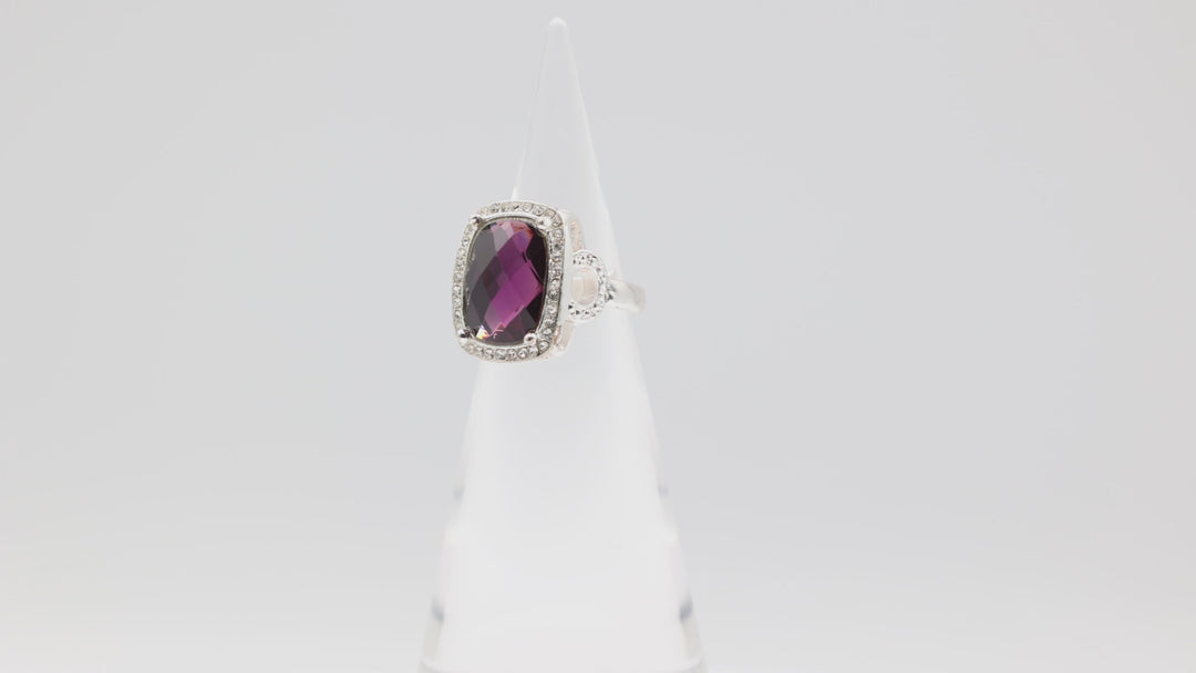 Costume Silver Tone Purple Stone with Rhinestone Halo Ring Size 7.5